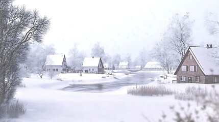 Fototapeta premium Snowy winter village by frozen river