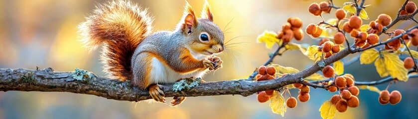 Fototapeta premium Squirrel foraging on a branch in a vibrant forest captured in nature autumn close-up view wildlife photography