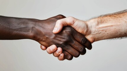 Fototapeta premium African American and caucasian hand shaking for friendship or greeting in diversity concept. Friendly atmosphere for relationship. Meeting celebration to become good friend or member of group. AIG53.