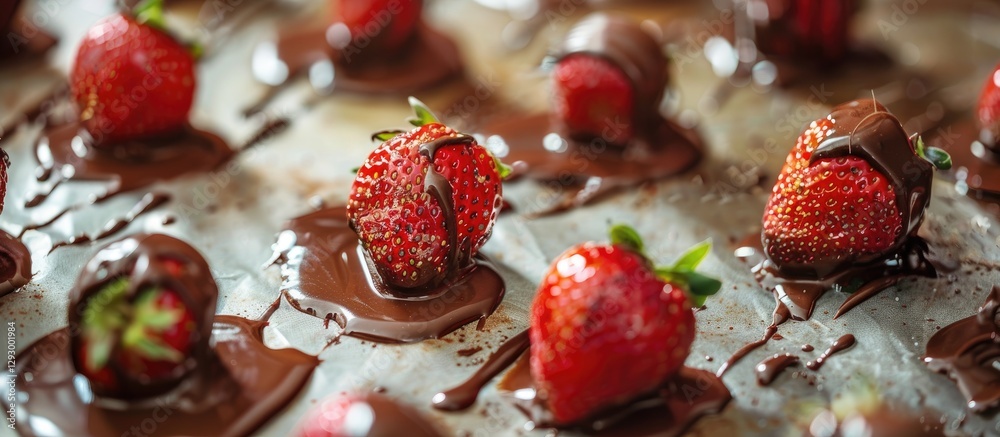 Poster chocolate coated strawberries arranged on a baking sheet with melted chocolate splatters, rich red a