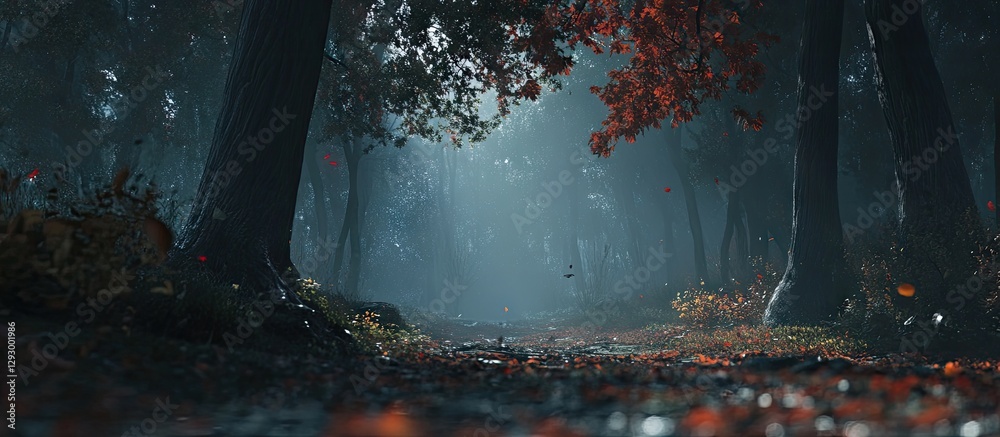 Fototapete Moody forest scene with thick fog in autumn colors featuring dark trees and a bright light source illuminating a winding path through the park