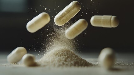 Acetyl Cysteine Powder with Capsules Floating Above the Surface