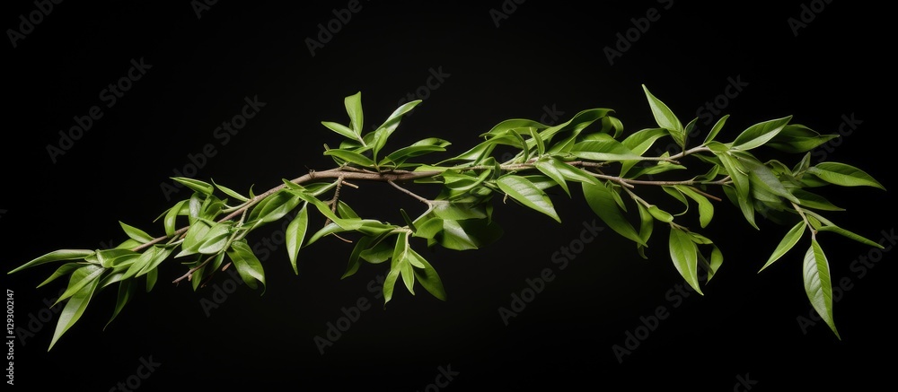 Poster lush green andrographis paniculata branch with elongated leaves displayed against a dark background 