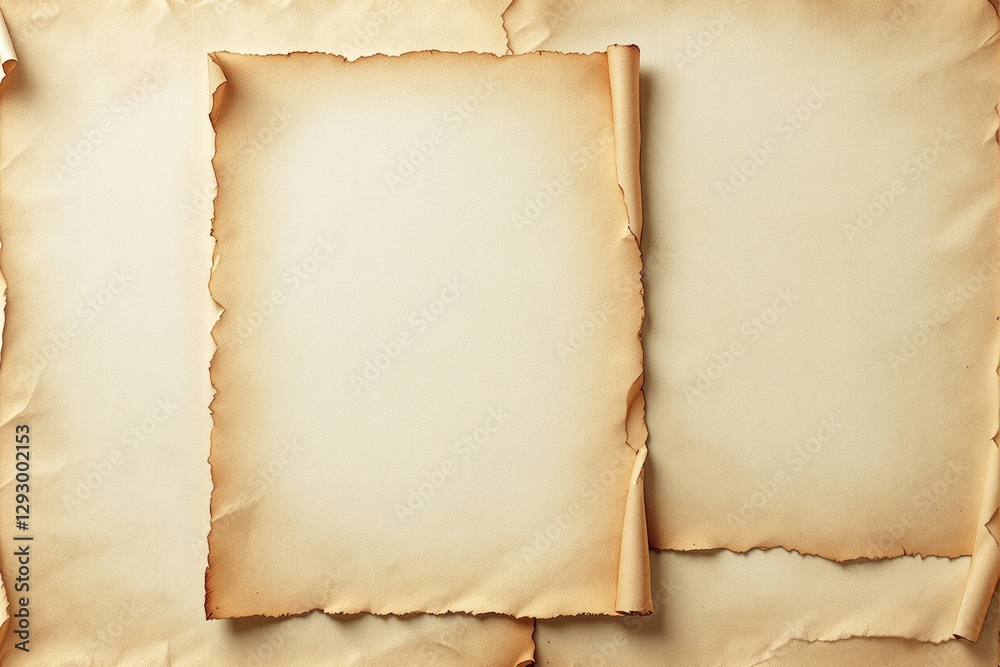Poster blank burnt parchment paper with curled edges on a textured background.