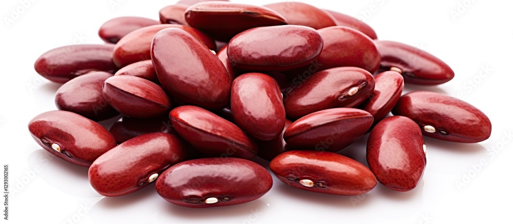 Poster Red kidney beans piled on a clean white background with smooth texture and glossy finish showcasing their rich dark red color and distinct shape.