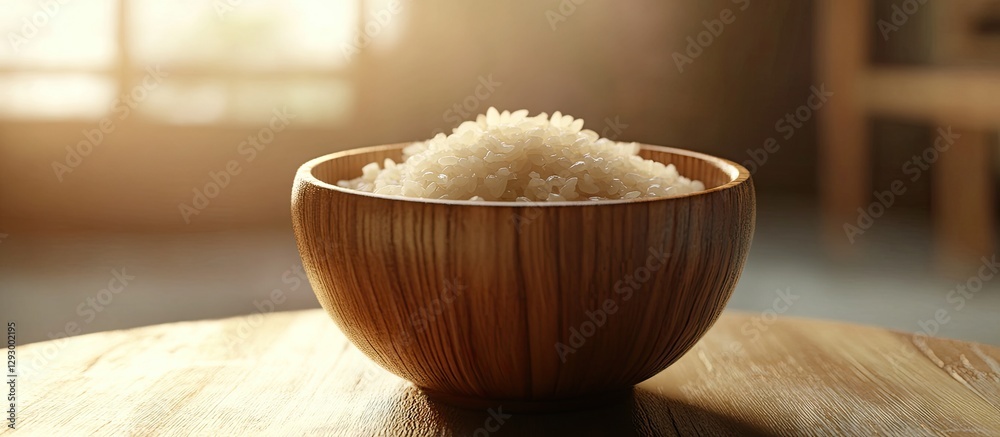 Aufkleber traditional wooden bowl filled with uncooked rice placed on a wooden table with soft sunlight illumi