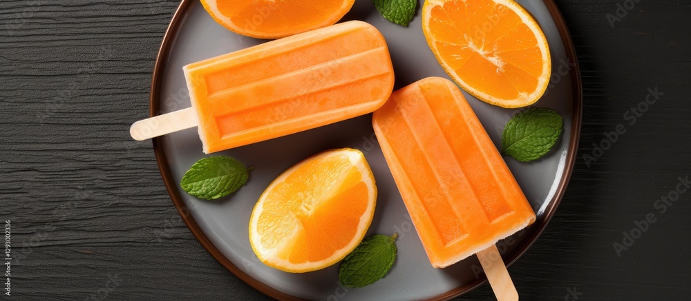 Aufkleber orange popsicles arranged on a round dark plate with fresh orange slices and mint leaves on a gray t
