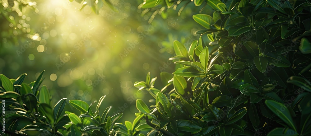 Leinwandbilder Lush green foliage illuminated by sunlight filtering through branches creating a serene atmosphere with a soft focus on the left side
