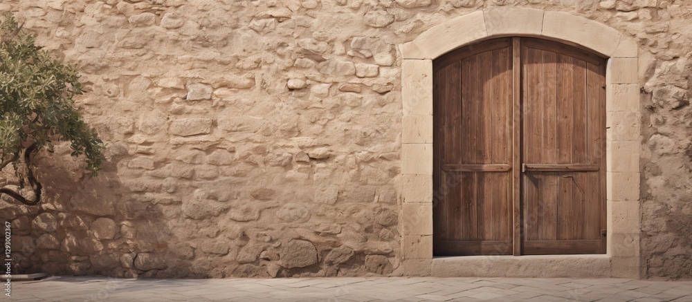Aufkleber rustic stone wall with a textured beige finish showcasing a large arched wooden door centered on the