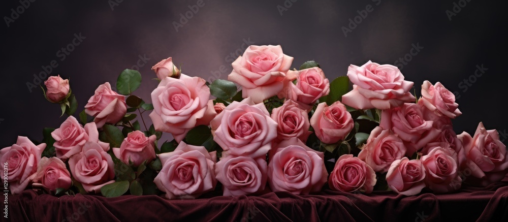 Aufkleber Delicate pink roses arranged beautifully on a dark table against a blurred dark background with ample copy space for text integration