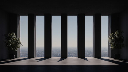 Fototapeta premium Ocean View from Interior Space: A stark, modern interior space offering a stunning panoramic view of the ocean framed by tall, vertical pillars. The room, subtly lit.