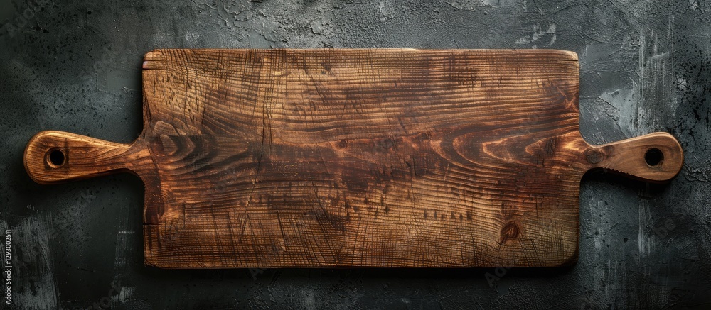 Poster wooden rectangular cutting board with handles positioned horizontally on dark concrete background, r