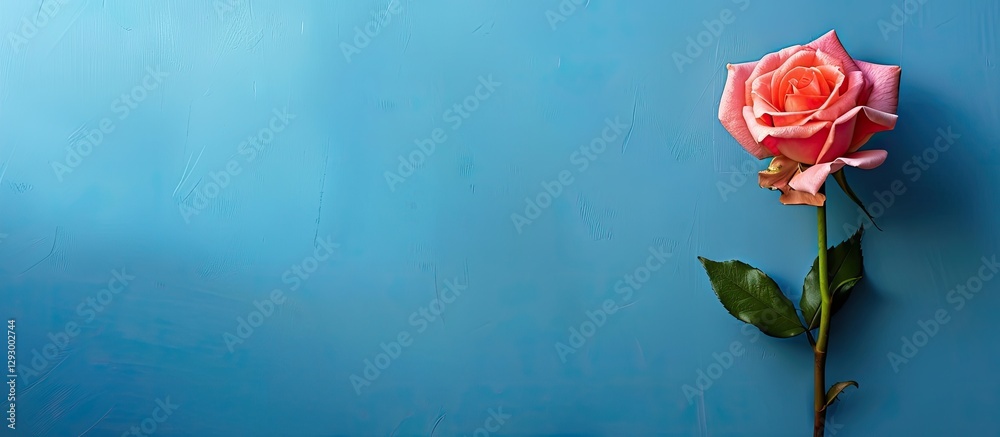 Poster pink rose positioned on the left side against a soft blue backdrop with ample copy space on the righ