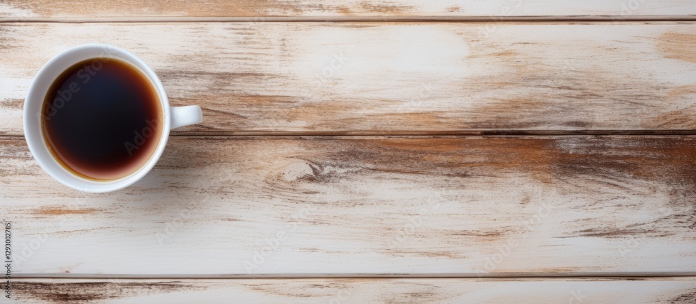 Poster Flat lay of a cup of black coffee on a white wooden table with a rustic texture and ample copy space on the right for text insertion