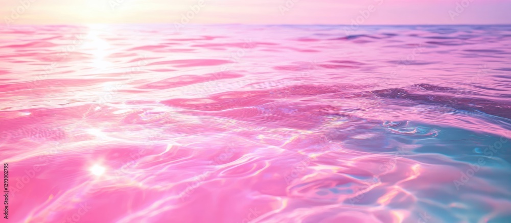 Poster serene pink and blue ocean waves reflecting soft sunlight in a tranquil sunset atmosphere creating a