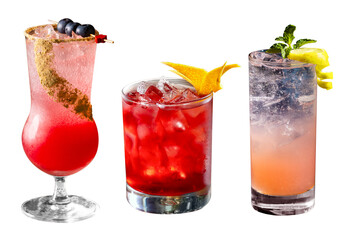 A selection of three vibrant cocktails served in stylish glassware with ice, fresh garnishes, and a clean white background. Perfect for bars, menus, and drink promotions.