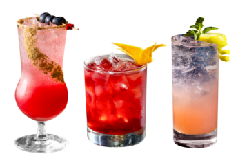 A selection of three vibrant cocktails served in stylish glassware with ice, fresh garnishes, and a clean white background. Perfect for bars, menus, and drink promotions.