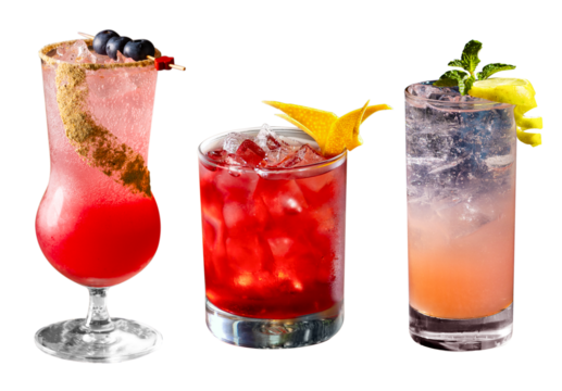 A selection of three vibrant cocktails served in stylish glassware with ice, fresh garnishes, and a clean white background. Perfect for bars, menus, and drink promotions.