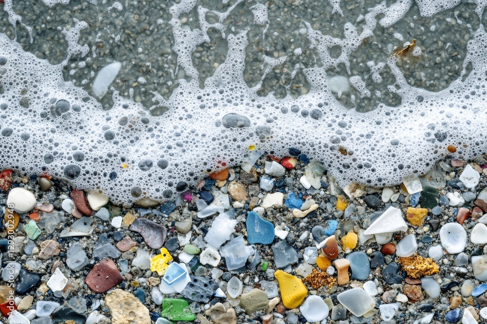 Poster close up view of colorful plastic fragments washed ashore by ocean waves. generative ai