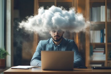 A man in a checkered shirt appears deep in thought as a cloud hovers above him, indicating deep meditation.