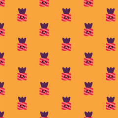Seamless Pattern Featuring Cute Striped Boxes With Happy Faces on Orange Background