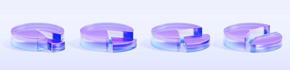 3d set of glass holographic transparent pie chart icon. Circle diagram with different market share percent, infographic render element for budget analysis. Business presentation data. 3D illustration