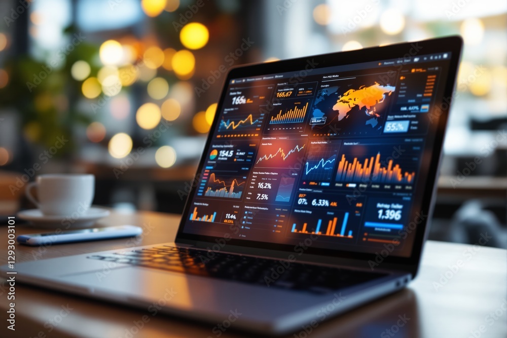Poster Laptop displaying financial analytics on screen in coffee shop with blurred lights in background.