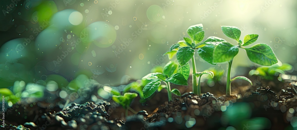 Aufkleber Seedlings emerging in rich soil with soft green tones in the foreground and a blurred bright background creating space for text placement