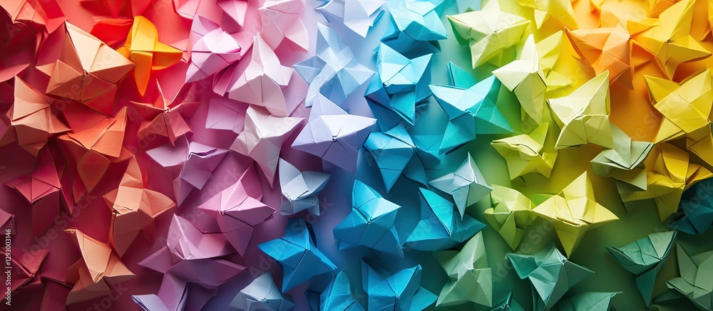 Poster Colorful origami stars in gradient pattern from pink on the left to blue on the right, creating a vibrant and textured background display.