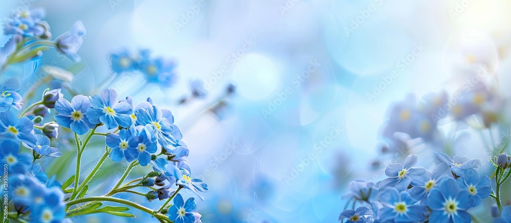 Fototapete Light blue blurred background with clusters of delicate forget-me-not flowers in the foreground creating serene copy space on the right side