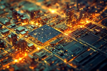 Cityscape on Circuit Board with Solar Panel