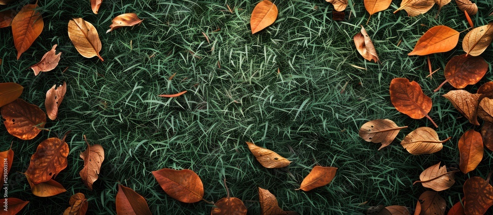 Fototapete dry autumn leaves scattered on lush green grass creating a textured background with ample copy space