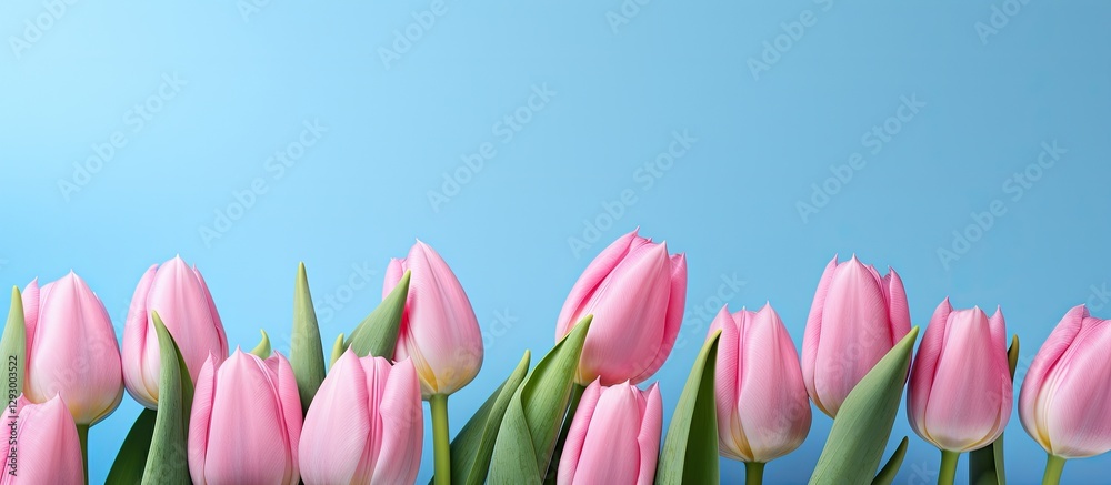 Leinwandbilder Pink tulips in a row on soft blue background with ample negative space for text or image display creating a serene floral arrangement