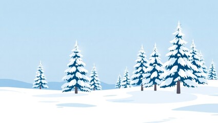 Fototapeta premium Enchanting Winter Wonderland with Snow-Covered Pine Trees, Crisp Icy Textures, and Soft Blue Hues in Flat Design