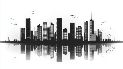 Naklejka premium Cityscape reflection, urban skyline, birds, tranquil water, design