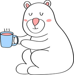 Cute polar bear with coffee time ,doodle outline.