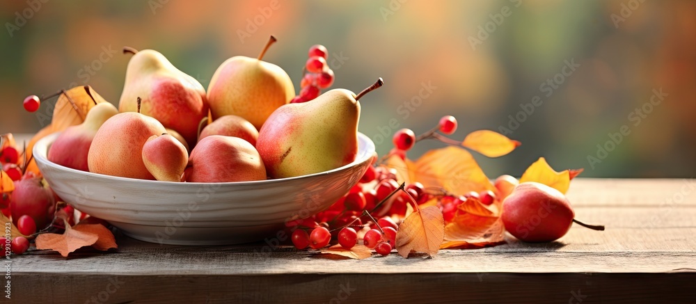 Poster fresh seasonal pears in a rustic bowl surrounded by vibrant autumn leaves and red berries on a woode