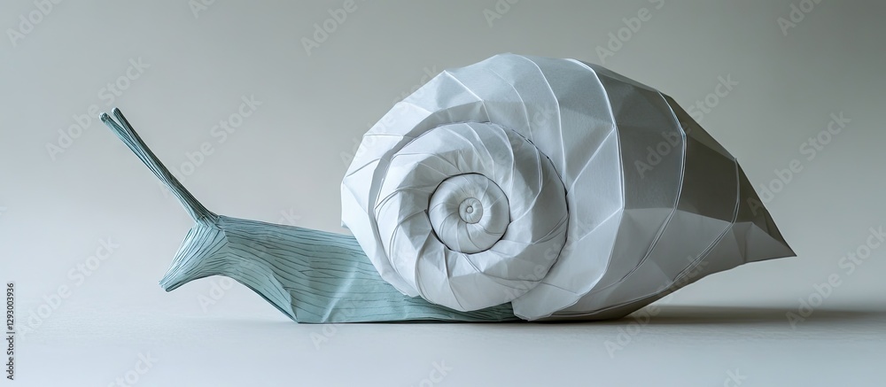 Aufkleber elegant origami representation of a snail with a spiraled white shell and teal body, set against a s