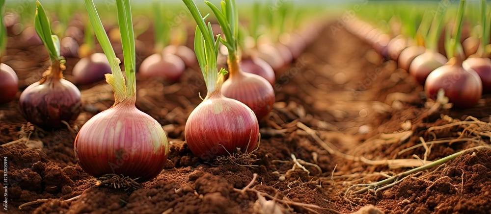 Poster lush onion plantation with vibrant green shoots emerging from rich brown soil showcasing rows of rip