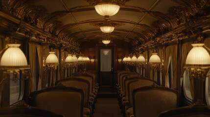 Obraz premium Luxurious antique train carriage interior with ornate details and warm lighting
