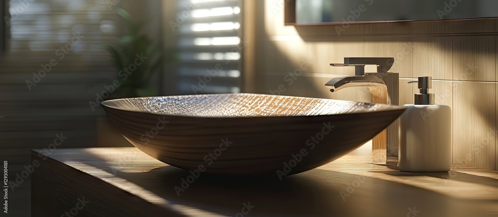 Poster elegant wooden bowl sink illuminated by soft natural light with a sleek faucet and minimalist soap d