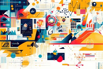 Abstract Data Landscape: A dynamic abstract composition of data visualizations and charts explodes with color and information, evoking the complexity and interconnectedness of modern analytics