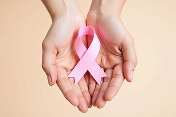 couple of people holding a pink ribbon in their hands
