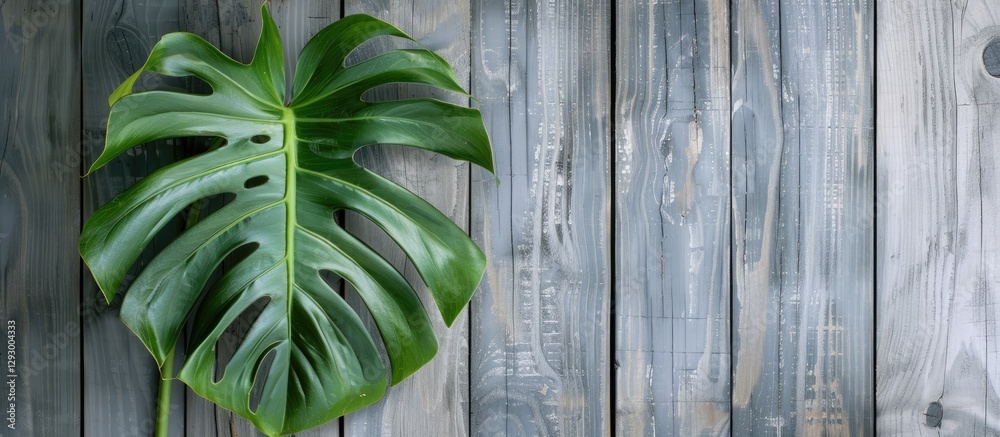 Aufkleber lush green monstera leaf positioned left on a textured gray wooden wall creating ample copy space fo