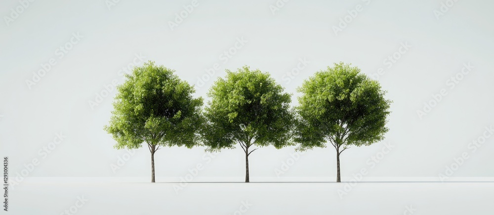 Aufkleber Three lush green trees arranged in a row against a soft white background, showcasing vibrant foliage and creating a serene, minimalistic aesthetic.