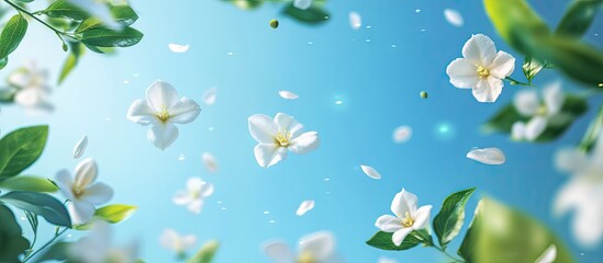 Serene blue background with delicate white blossoms and green leaves floating gracefully, creating a tranquil and refreshing spring atmosphere.