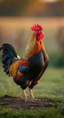 Colorful rooster standing in a rural farm field at sunrise with golden morning light natural poultry agriculture concept
