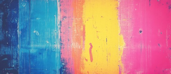 Vintage CMYK printer texture featuring bold blue, yellow, magenta, and cyan stripes with a distressed finish creating a nostalgic comic book effect.