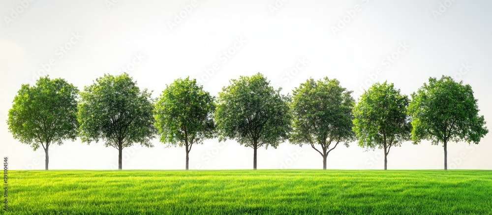 Poster panoramic view of lush green treeline with seven trees arranged evenly on vibrant grass under a brig