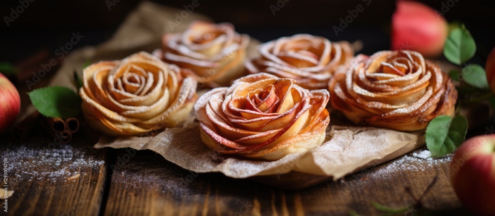 Poster delicate puff pastry roses crafted from apples and cinnamon, arranged on a rustic wooden table with 